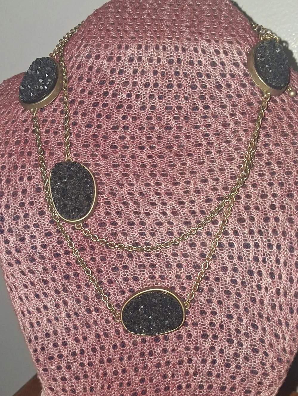 Gold Chain Black Druzy Necklace and Earring Set